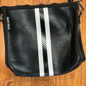 Haute Shore neopreen black silver zip top adjustable stripe bag